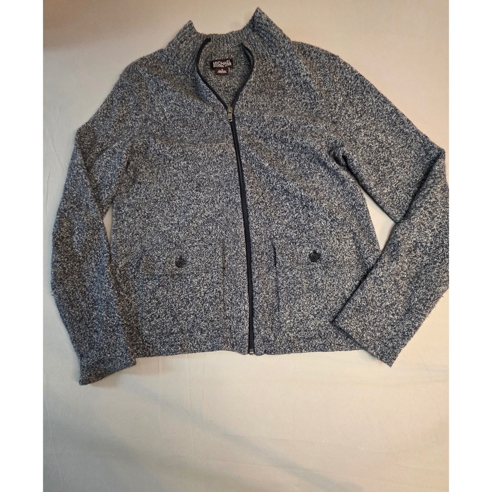 Michael Kors Mens Black & White Marled Wool Blend Full Zip Cardigan Sweater M